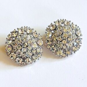 VTG Crown Trifari Clip Earrings crystal rhinestone silver Signed 60s rare 1.15"W